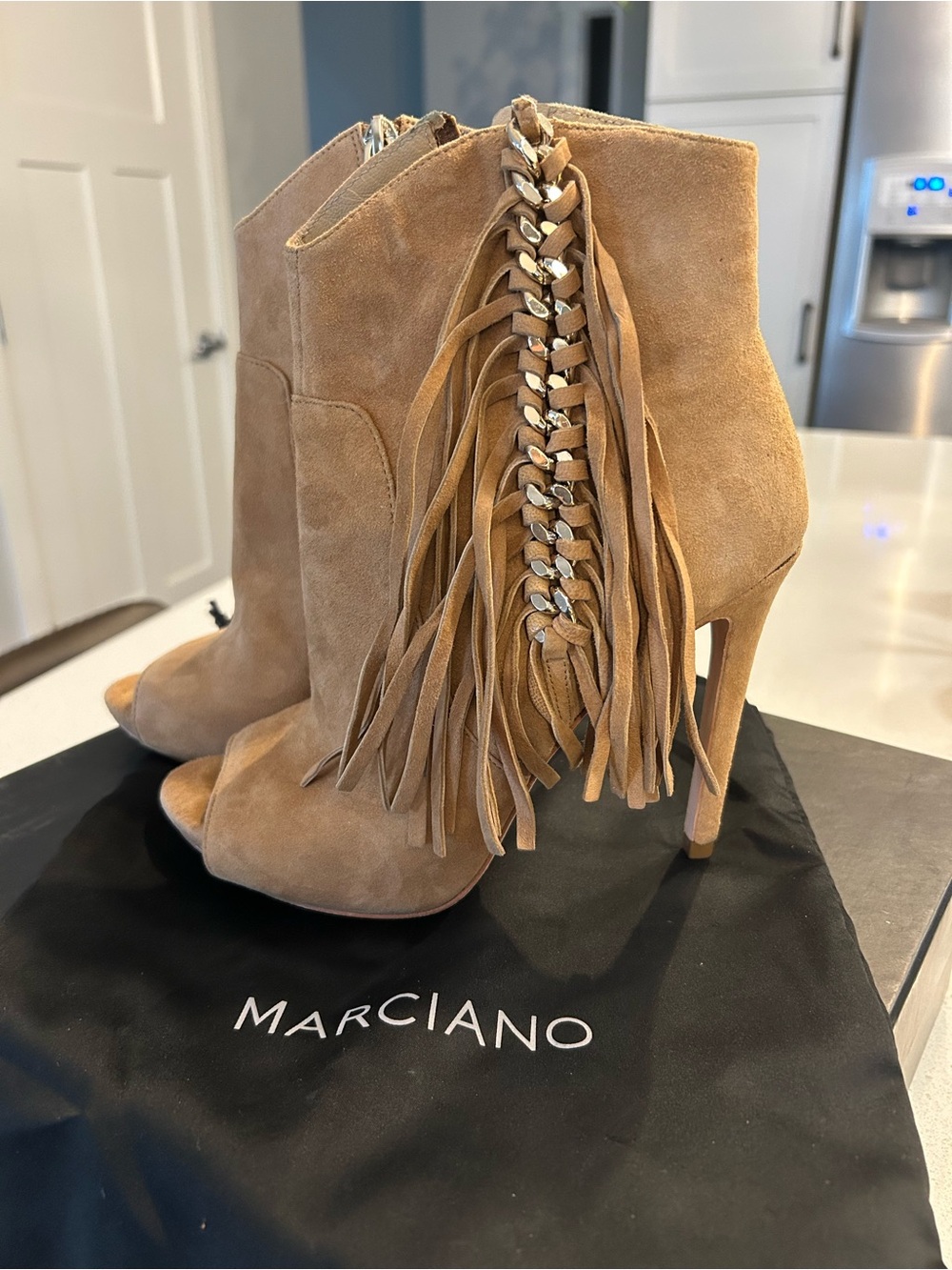 Marciano Tan Suede Fringe Peep-Toe Stiletto Booties with Braided Detail